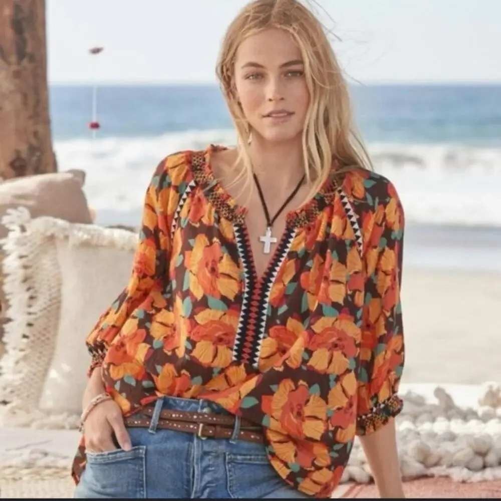 Sundance Floral Blouse Womens XL Brown Embroidered V-Neck Top Boho Peasant Folk